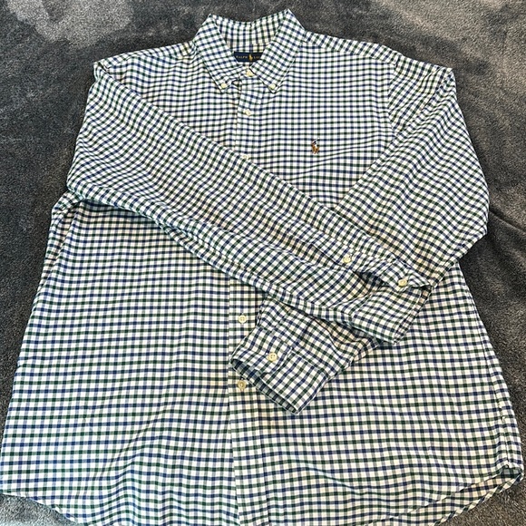 Polo by Ralph Lauren Classic Fit Dress Shirt. White/Blue/Green Cross Pattern - Picture 1 of 9